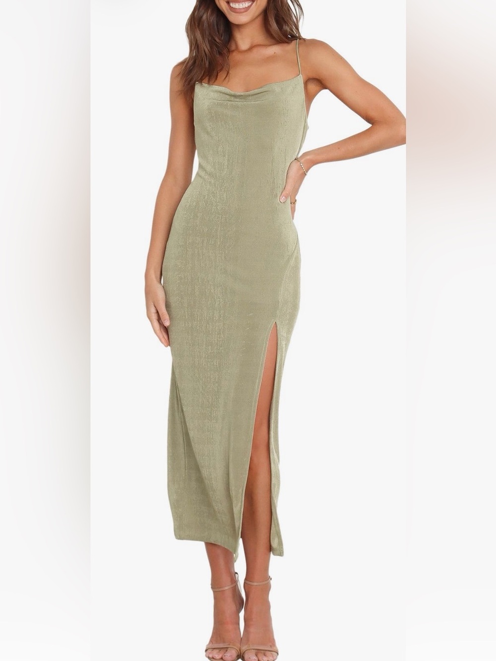 Petal & Pup Diani Cowl Neck Midi Dress with Side Slit in Olive- NWT